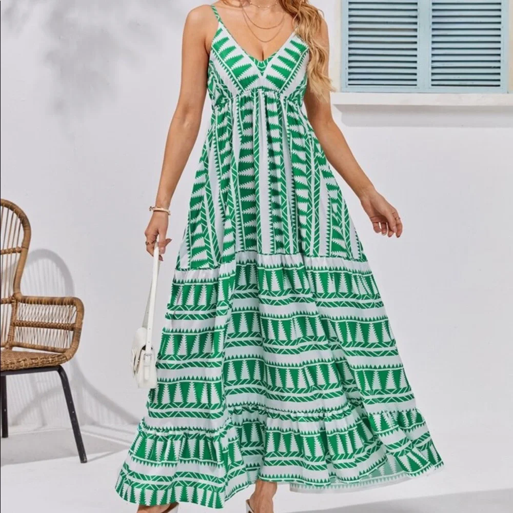 Boho Geo Abstract Print Cami Maxi Dress GREEN - Picture 1 of 11